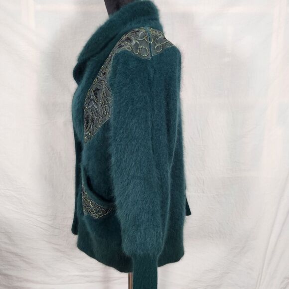 VNTG Belldini Dark Teal Angora Embellished Button Up Lined Sweater Jacket Sz Med - Picture 15 of 16